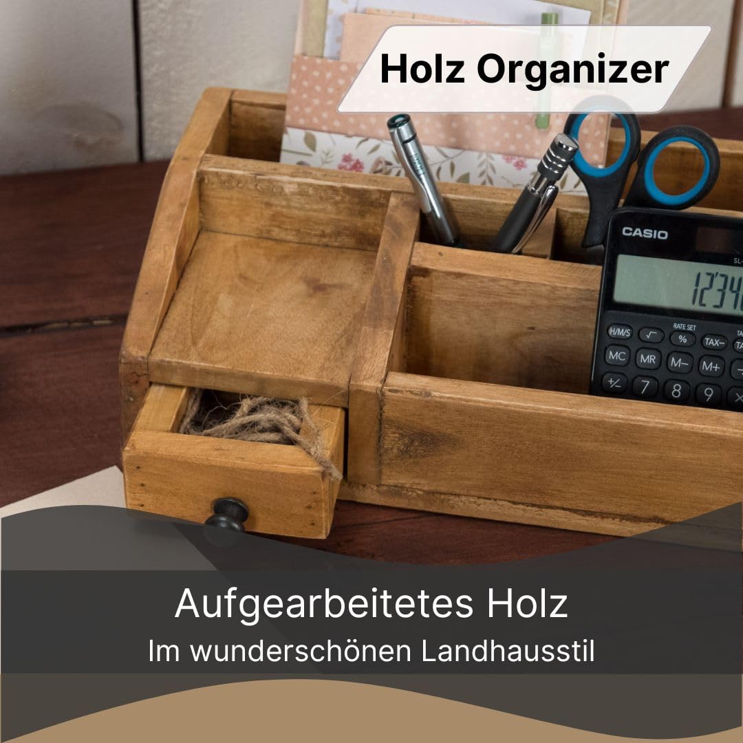 Schreibtisch Organizer Study | Mahagoni Holz, 27 cm, Fächer und Schublade | Tisch Organizer, Büro Organizer, Küchen Aufbewahrung, Stiftehalter, Bürokiste