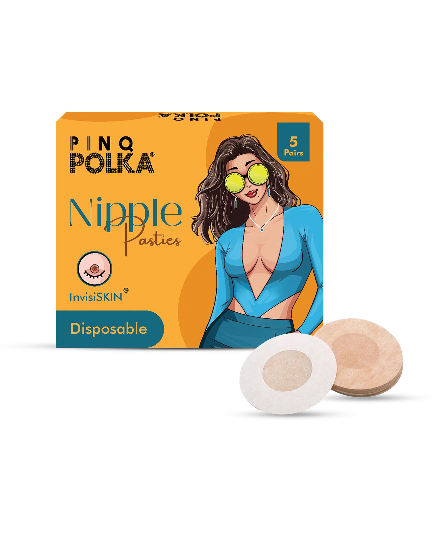 PINQ POLKA Premium Disposable Nipple Cover Pasties Stickers for Women| Skin Friendly |Breathable| Sweat Proof |Up to 12 Hrs Sticking Capacity |Reusable Cloth Bag - 10 Pcs Beige