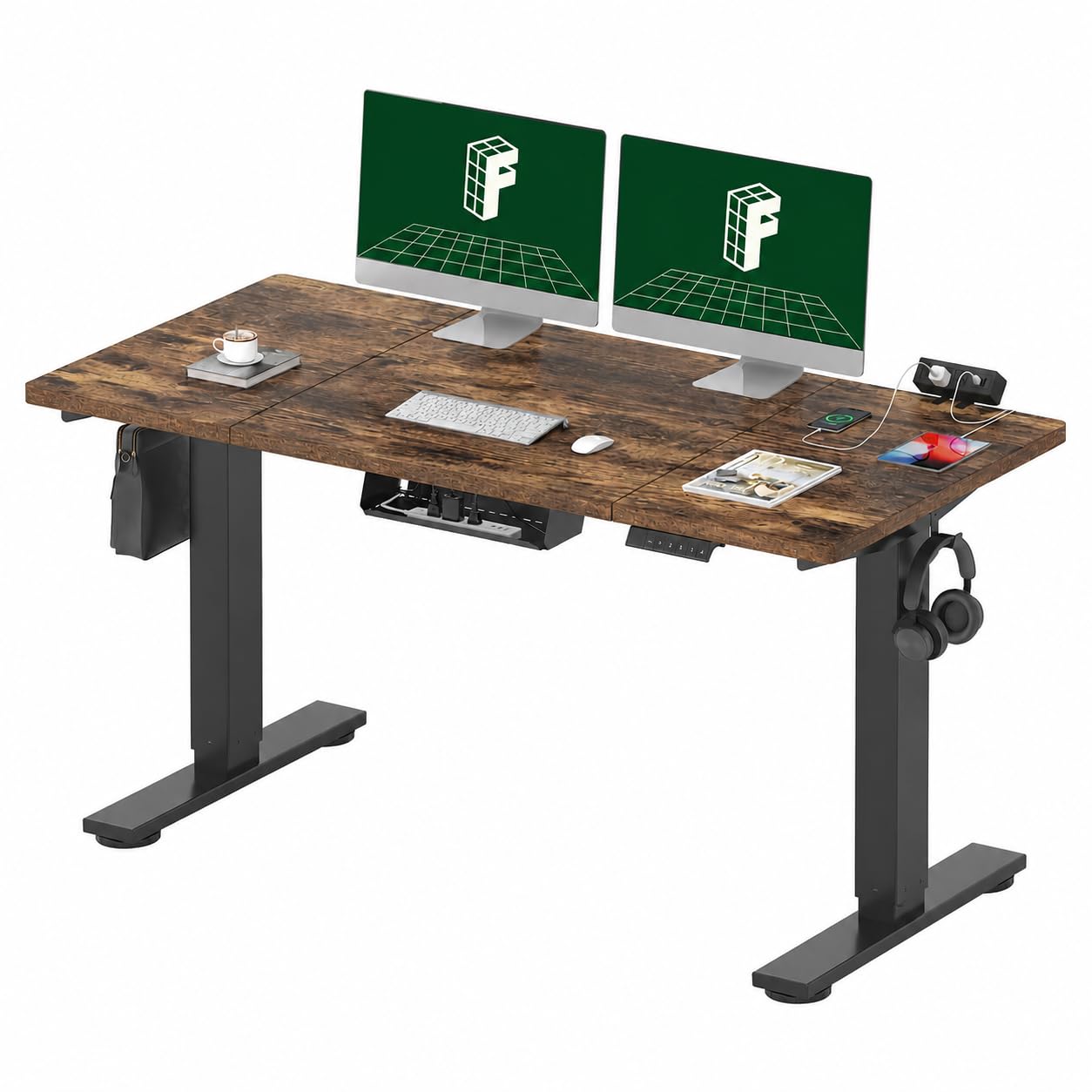 FLEXISPOT 140 * 60cm Electric Standing Desk Adjustable Sit Stand Up Computer Desk with Hook Memory Function for Office and Home (Rustic brown+Black) โ image 1