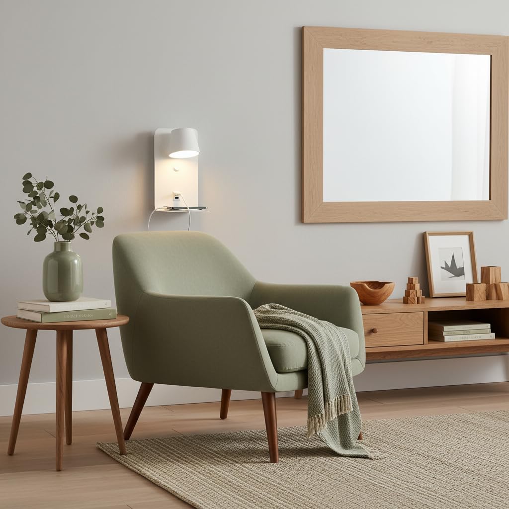 BARCELONA LED applique da parete LED bianca con USB e USB-C, lampada da lettura 6W orientabile 350°, con mensola per telefono, luce calda 2700K, per camera da letto, ufficio, scale, sala pranzo