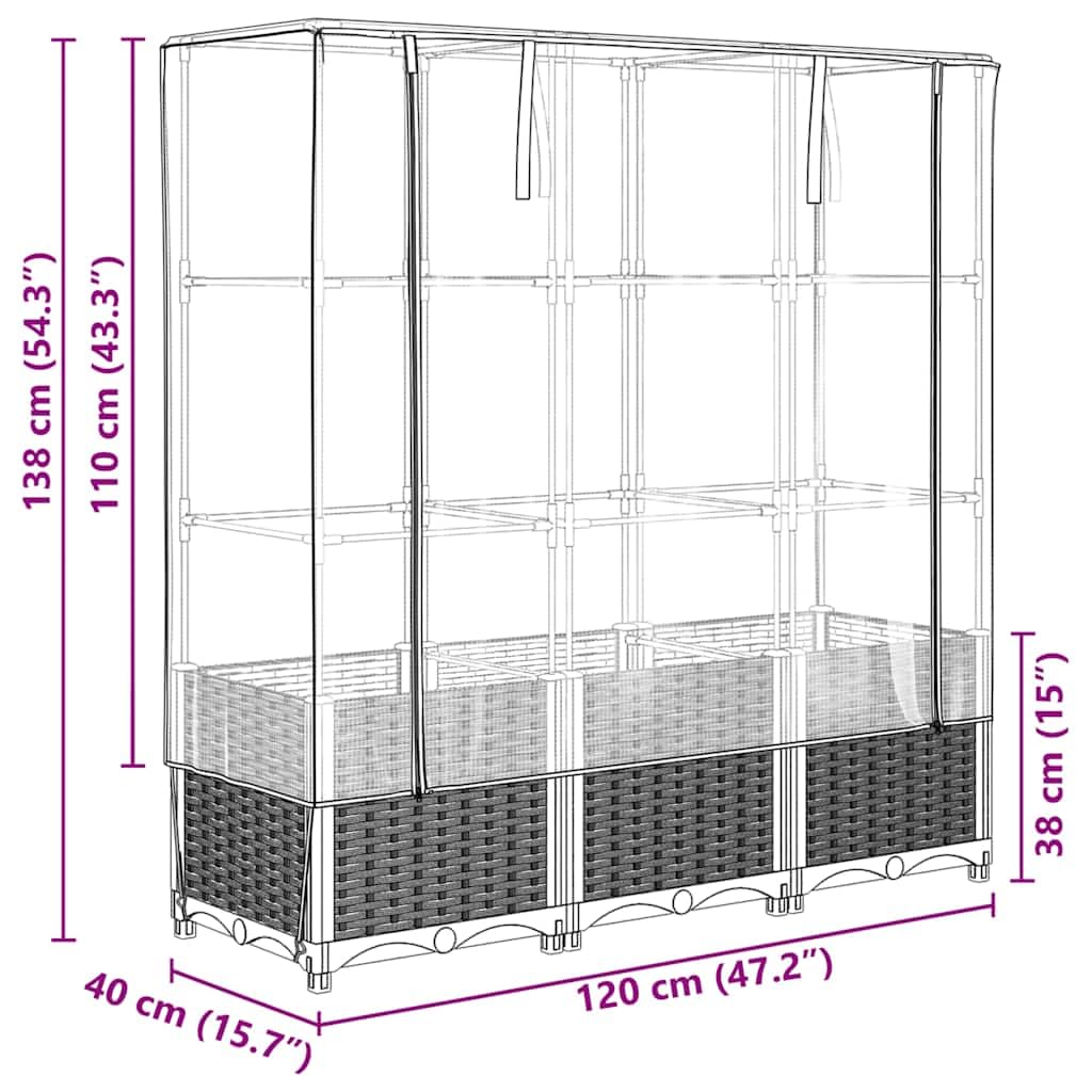 Bancal alto con accesorio para invernadero, aspecto de ratán, 120 x 40 x 138 cm, para jardín, terraza, balcón, jardinera, semillero, aspecto de ratán, color gris azulado