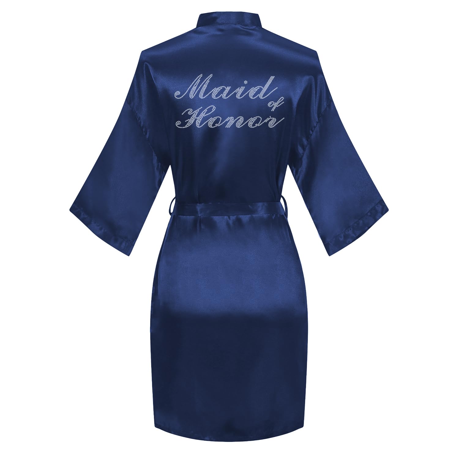 Women's Satin Robe Bride Bridesmaid Short Kimono Robes with Silver Rhinestones for Wedding Party Getting Ready