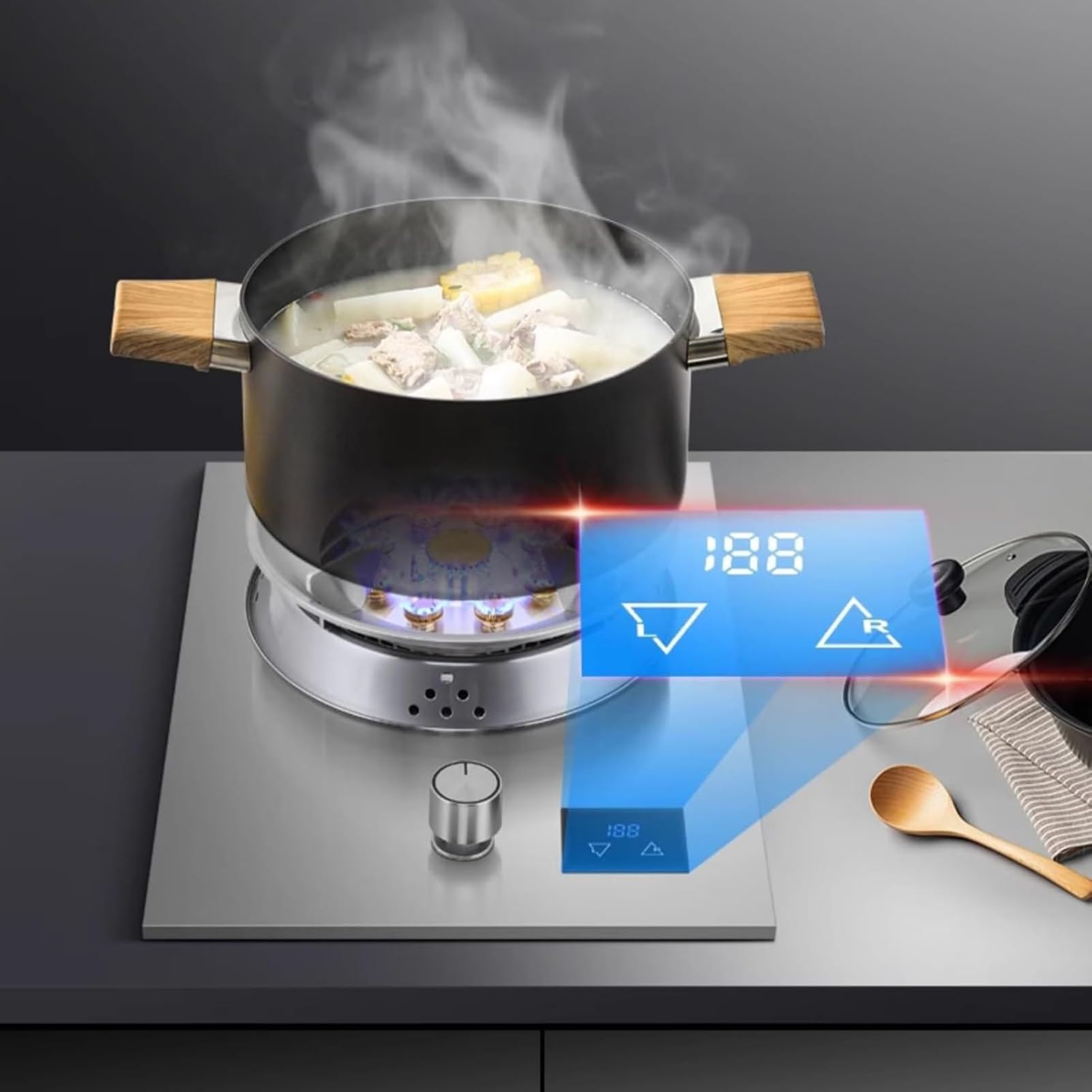 THEGA Fornello A Gas, Fornello da Cucina con Piano di Lavoro, con Protezione Contro Lo Spegnimento della Fiamma E Timer Indipendente, per Camper, Giardino, Emergenza(NG)