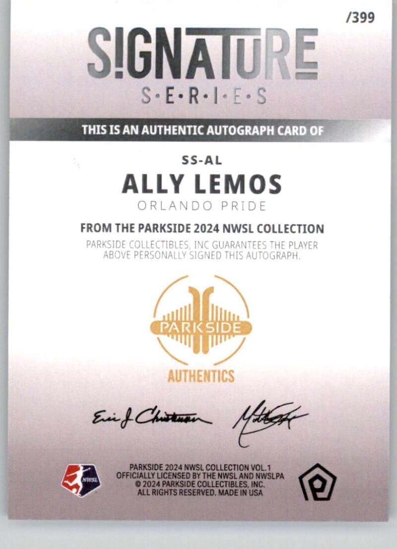 2024 Parkside NWSL Signatures #SS-ALE Ally Lemos Orlando Pride Official Women's Soccer League Card in Raw (NM or Better) Condition