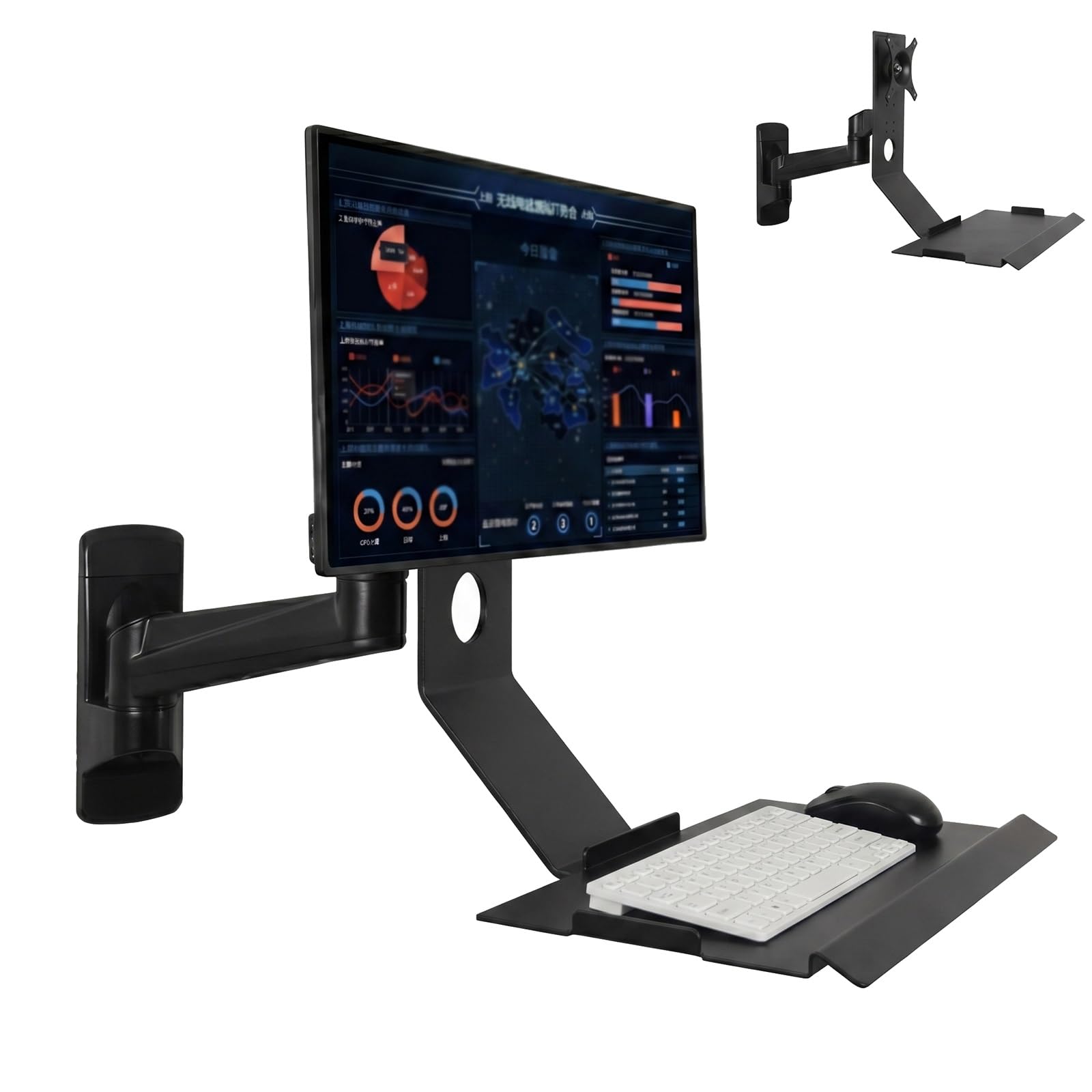 Postazione di lavoro a parete pieghevole per monitor e tastiera, supporto meccanico regolabile con rotazione a 360° e ripiano tastiera, compatibile con monitor da 15-27 pollici(Black,60x21cm)