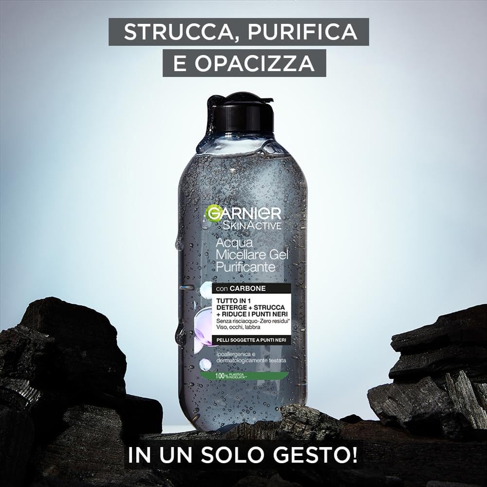 Garnier SkinActive Acqua Micellare Gel Purificante con Carbone, Detergente e Opacizzante, Per Tutti i Tipi di Pelle, Senza Risciacquo, Formula Vegana, 400 ml