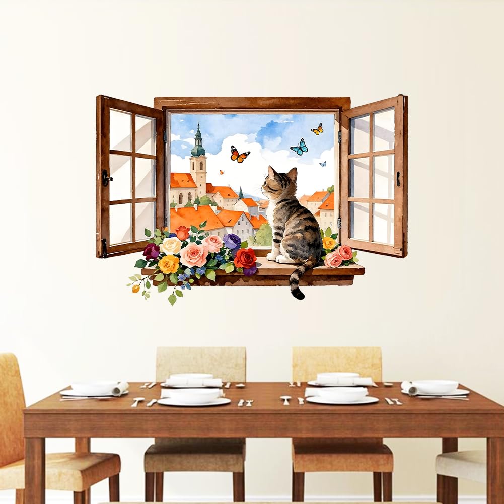Peacoblue 3D Window with a Cat and Flowers Wall Decals, Wall Stickers Decor