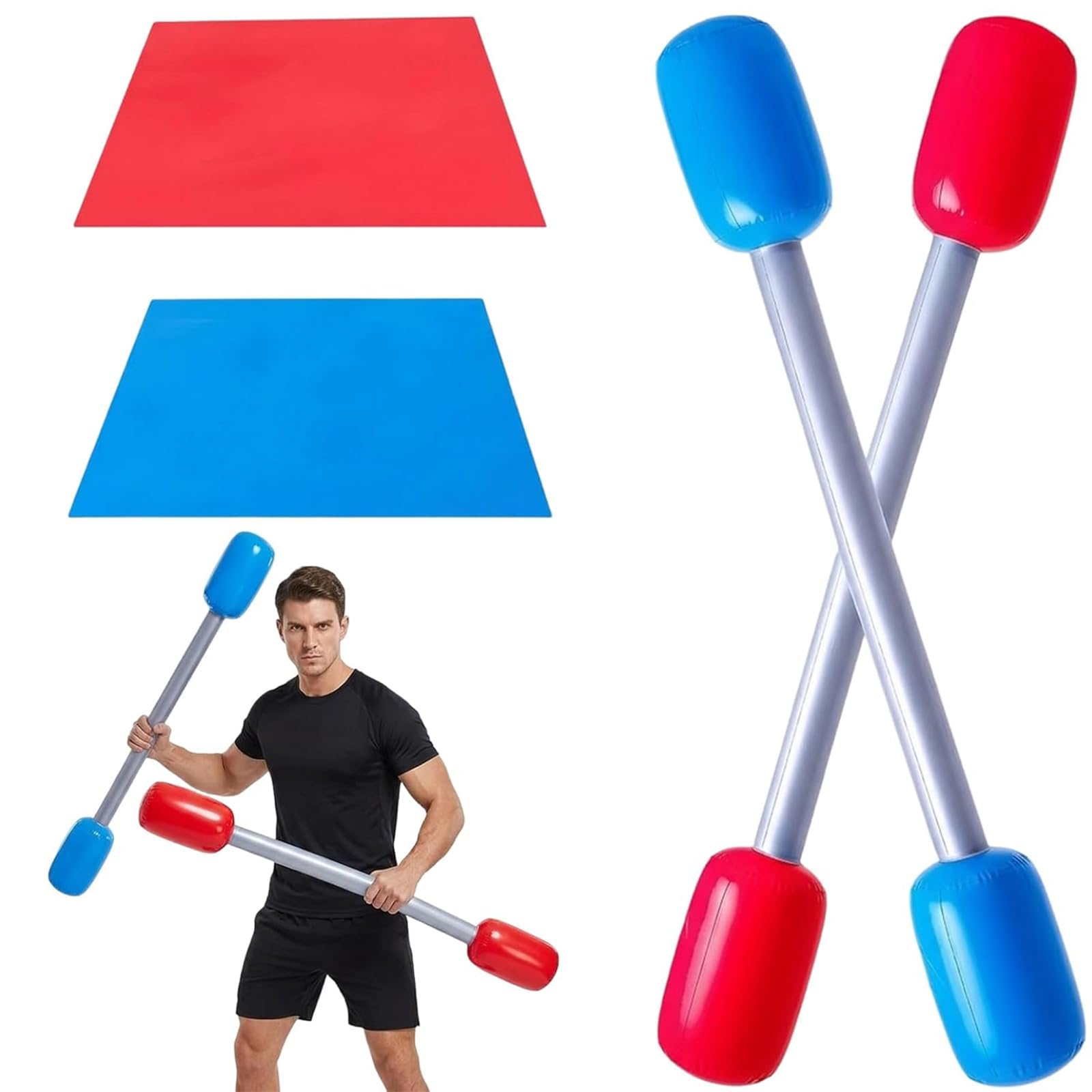 4Pcs Gladiators Set, Inflatable Garden Games, Blue and Red Inflatable Sticks with Mats, Gladiators Inspired Dueling Gear for Group Activities and Coordination Training
