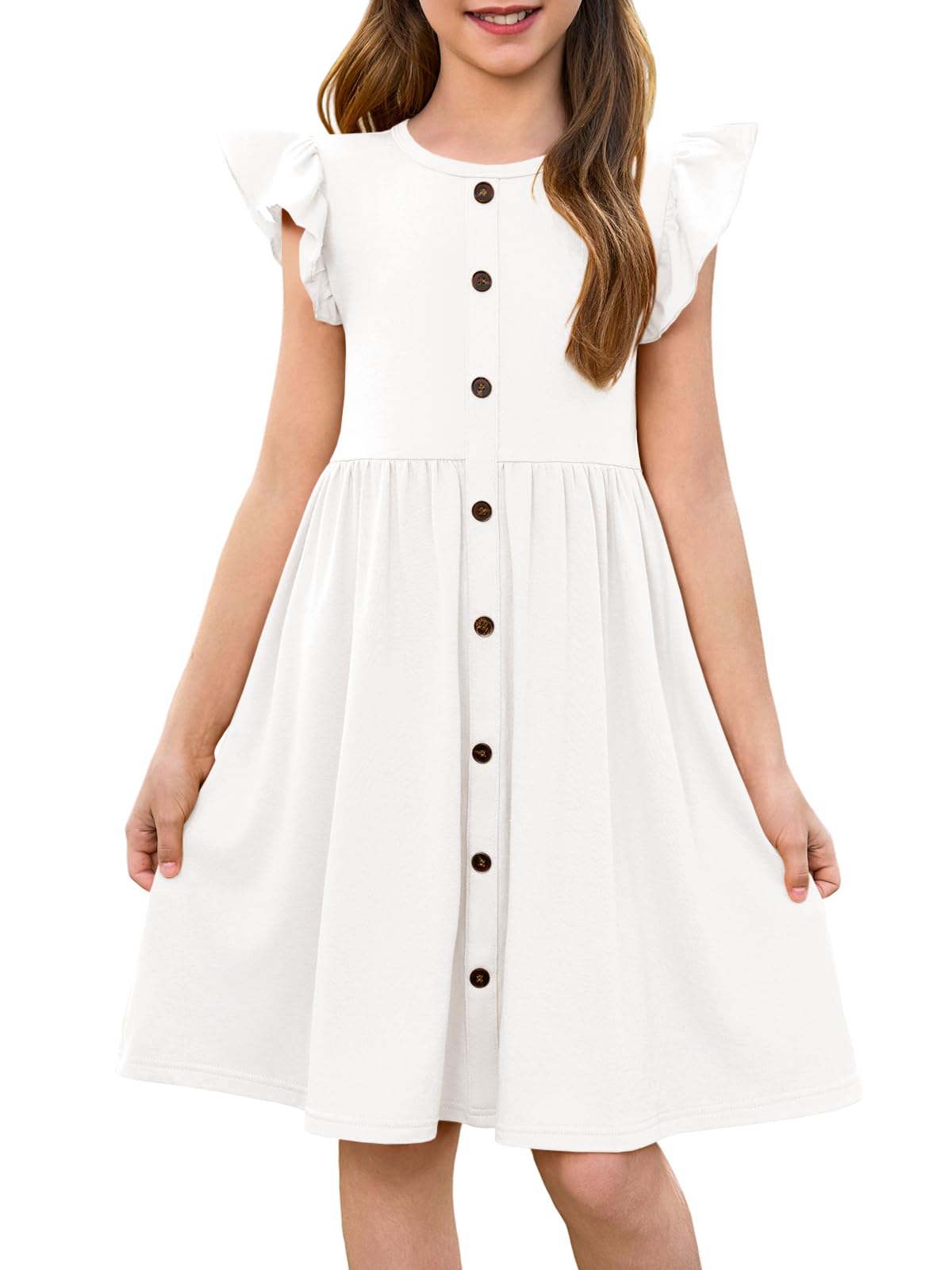 Haloumoning Girls Dress Kids Flutter Sleeve A-Line Button Down Sundress Casual Midi Dresses 5-14 Years