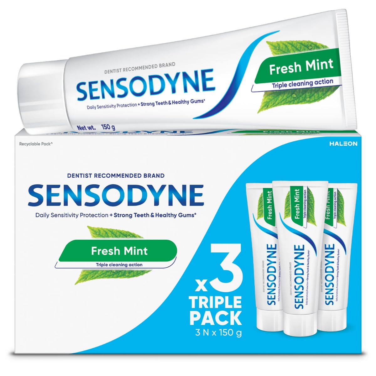Sensodyne Toothpaste Fresh Mint|Daily Sensitivity Relief Tooth Paste Combo Pack - 450gm (150gm x 3)| Everyday Use Paste, Fresh Breath, Fights Tooth Decay, Maintain Healthy Gums
