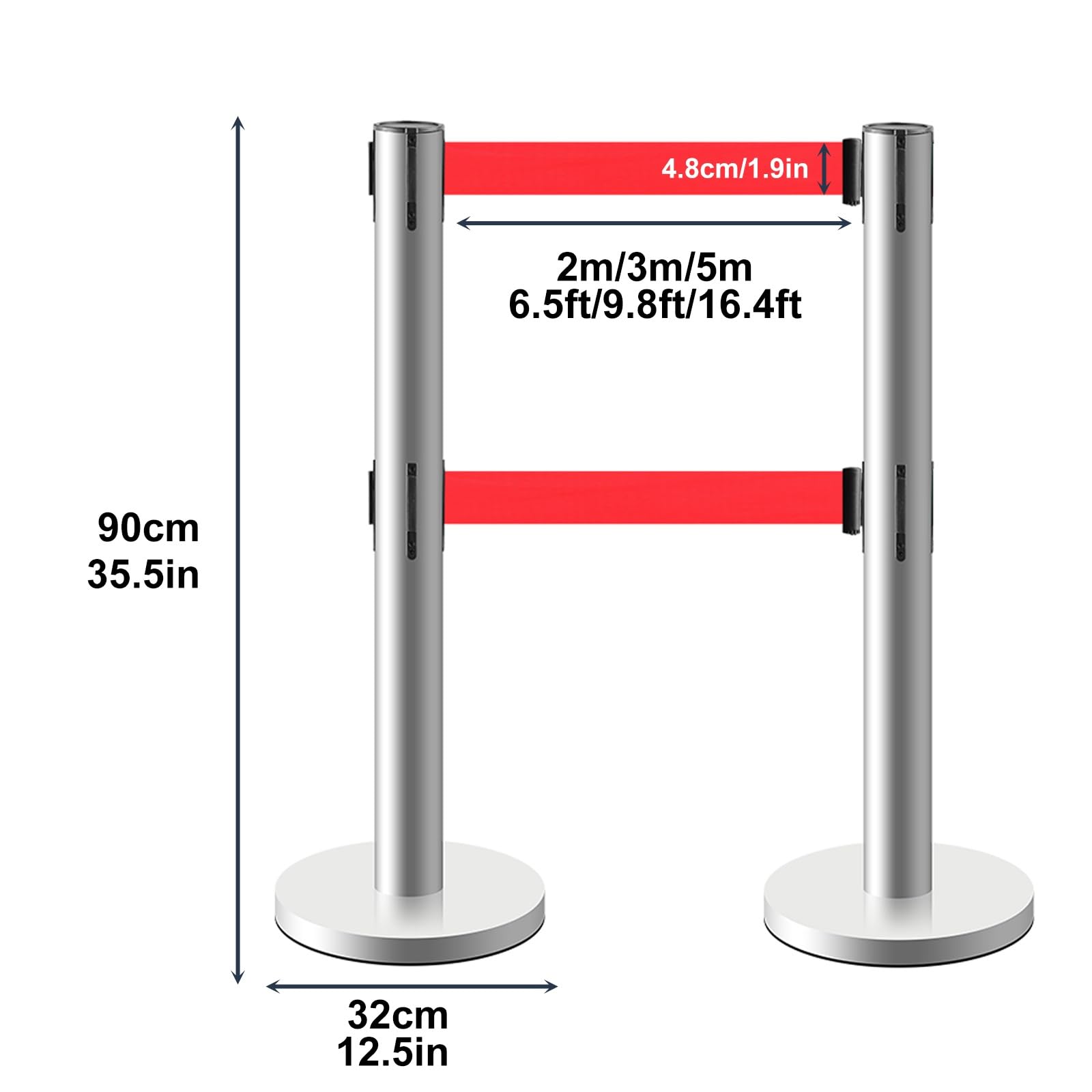 Paquete de 2 correas retráctiles Ber inless de acero con correa roja de 2 m / 6.5ft, sistema de control de multitudes de doble capa, ideal para eventos y colas