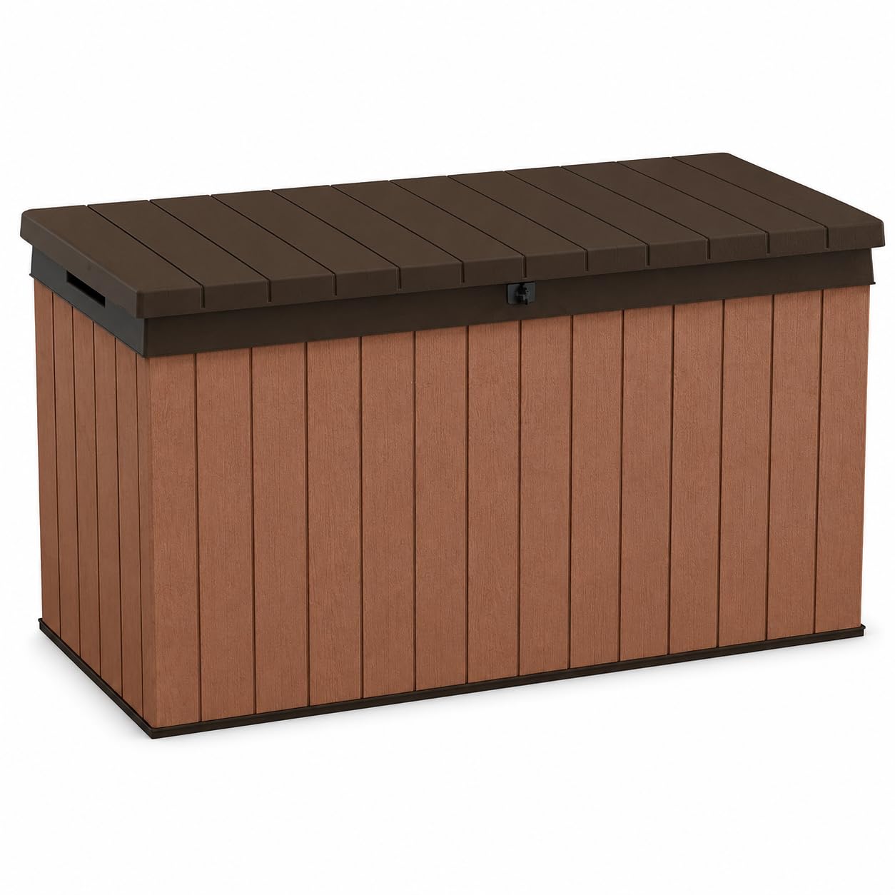 Koll Living Auflagenbox/Kissenbox Darwin l 100% Wasserdicht l mit Belüftung dadurch kein übler Geruch/Schimmel l Moderne Holzoptik l Deckel belastbar bis 300 KG (2 Personen) (Braun, 570 Liter)