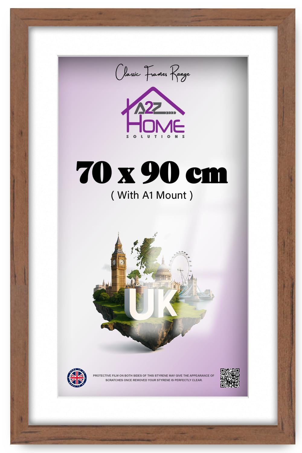 A2Z Home Solutions Elegant Walnut Engineered Wood Poster Frames 90 X 70 Cm And A1 59.40 X 84.10 Cm With White Mount Wall Hanging Gallery Living Room Photo Frame Shatterproof Perspex 36 X 28 Inch