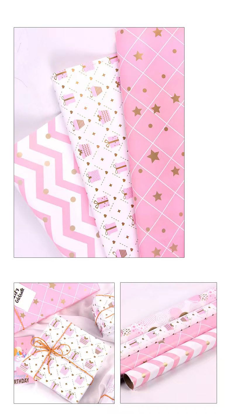 Mimiblack Gift Wrapping Paper for Girls Women Kids-Pink Gold Wrap Paper and Hemp String Sticker Tape for Present - Folded Sheets for Birthday Party Baby Shower Christmas(4 Pack Per Set)