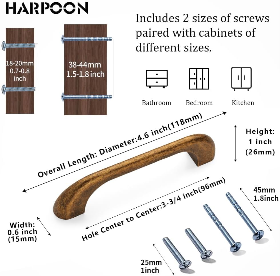 HARPOON 10 Pack Modern Drawer Handle Wardrobe, Kitchen Bar Cabinet Pulls Hardware, 3-3/4 inch Hole Center, Antique Brass