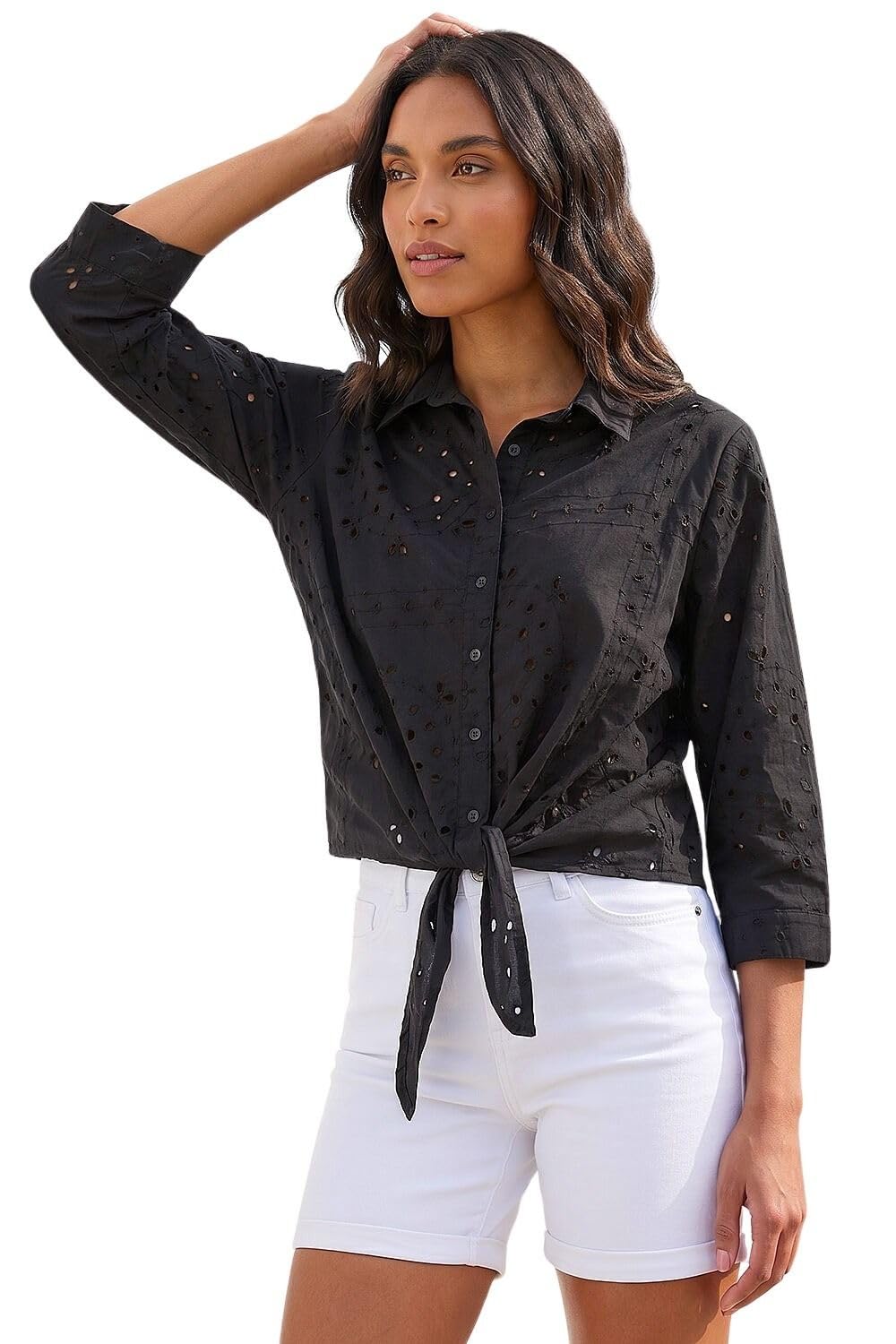 Roman Women's Black Broderie Tie Front Shirt Size 20