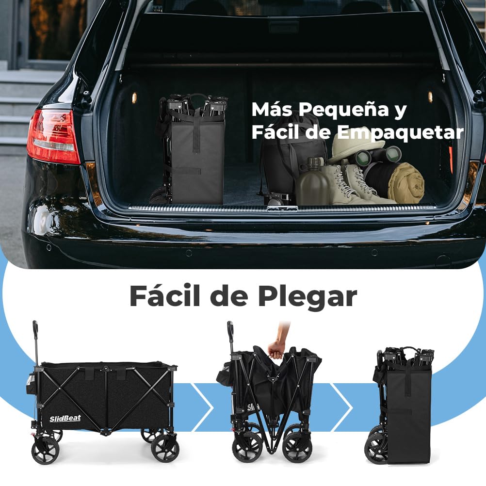 SLIDBEAT Carro de Playa XXL – 220L y 200KG de Capacidad, Carro Plegable con Ruedas Grandes Todo Terreno y Mango Auto-rebotante, Ideal para la Playa, Jardín o Camping, con Frenos de Seguridad