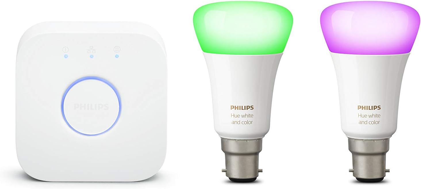 Philips Hue White and Colour Ambiance B22 Bulb Mini Starter Kit (2 x 10W B22 Bulbs, 1 x Bridge) Compatible with Amazon Alexa, Apple HomeKit, and Google Assistant [Energy Class A+]