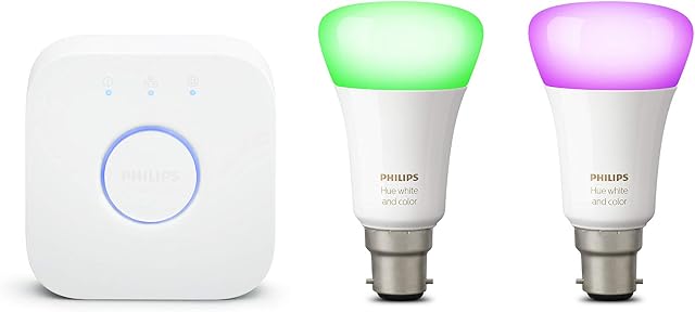 Philips Hue White and Colour Ambiance Mini Starter Kit [B22 Bayonet Cap] Includes 2 Smart LED Bulbs and the Hue Bridge, Compatible with Alexa, Google Assistant and Apple HomeKit