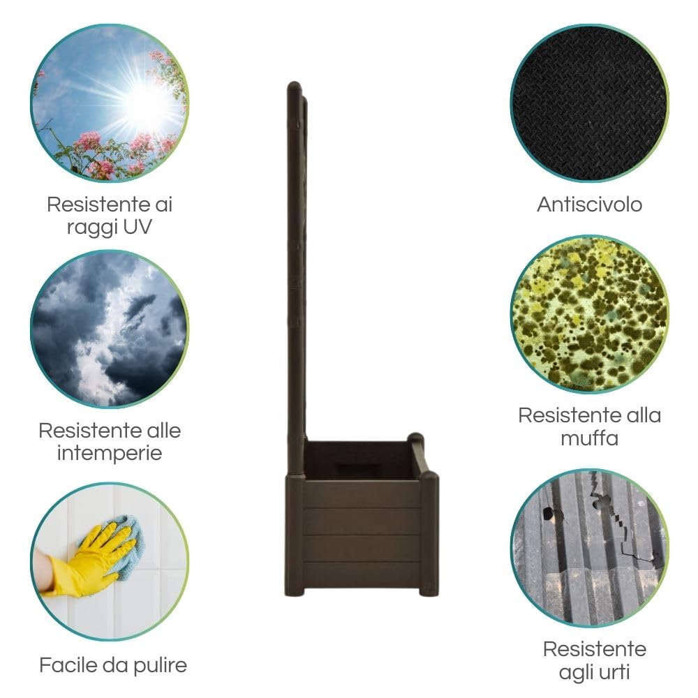 PALUPLUS Fioriera Rettangolare con Spalliera da Esterno, Misura 100x43x142 cm, Vaso in Plastica Resistente airaggi UV, Traliccio con Grigliato per Fiori e Rampicanti -036F (Marrone)