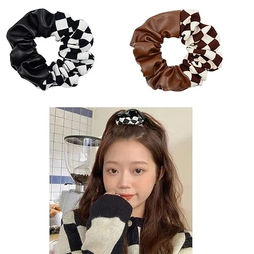 Corbatas elásticas para el cabello de cuero a cuadros para mujeres coleteros a cuadros para el cabello coleteros de ajedrez para mujeres y niñas