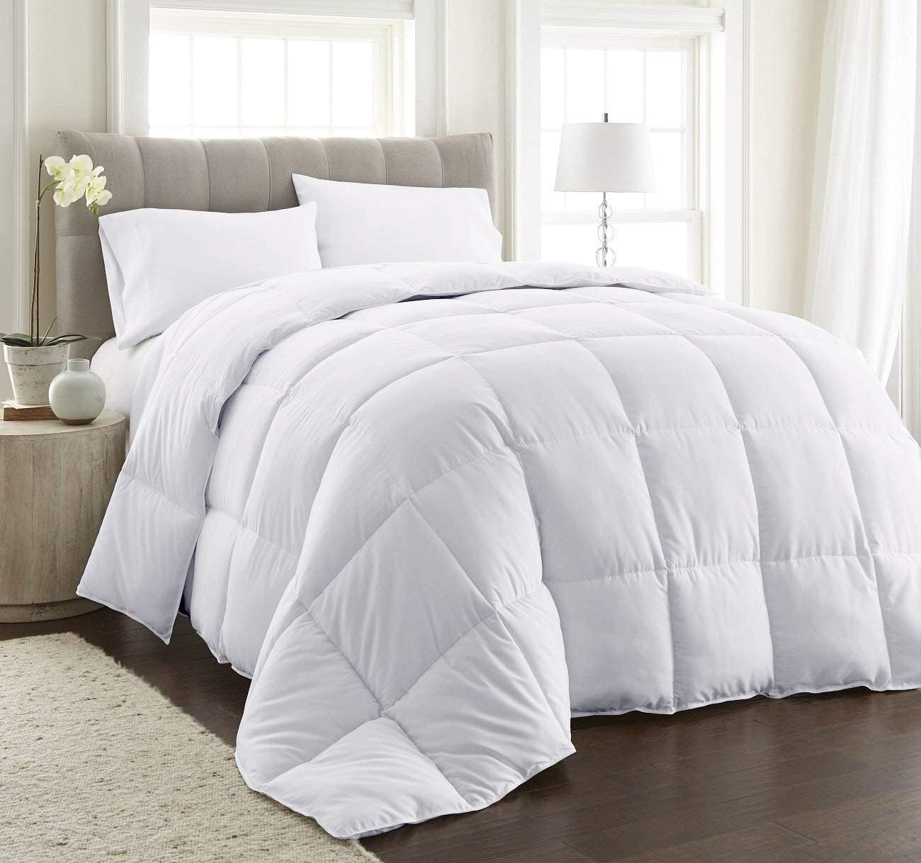 3 PC Box Stitched Corner Tabs Comforter Set, Cal-King/King -White 100% Natural Cotton Solid All Season Ultra Soft Down Alternative Lightweight Bedding Duvet Insert Quilted 500 GSM Fill Power