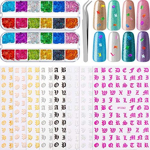 16 Sheets Holographic Letter Nail Art Sticker Character Letter Gummed Adhesive Nail Decal and 24 Grids Holographic Letter Nail Sequin 3D Mixed Nail Glitter Flake Laser Confetti Sequin with Tweezers