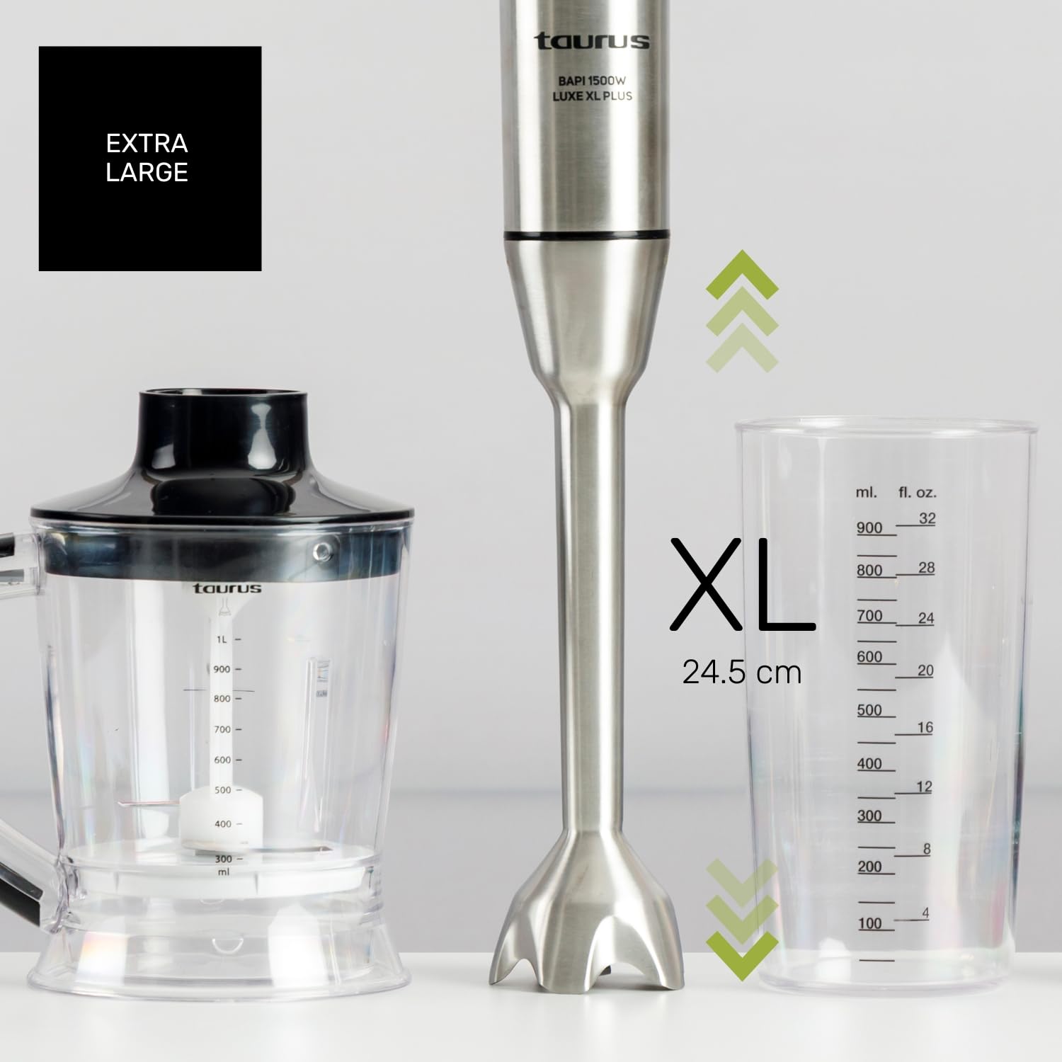 Taurus – Batidora de Mano XXL 1500W | 20 velocidades + TURBO| Cuchillas Inox| Campana Antisalpicaduras| Ergonómica| Libre BPA| Apta Lavavajillas| Pica Hielo | 3 Accesorios