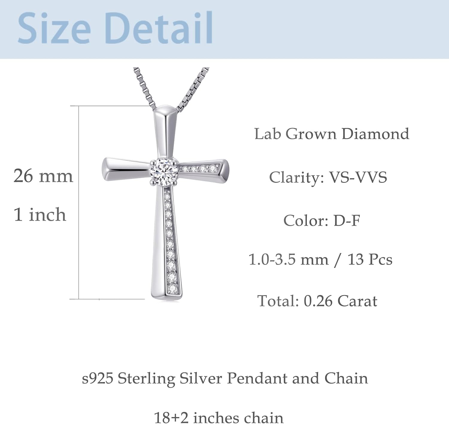 Sterling Silver 0.28 Carat Lab Grown Diamond Cross Necklace for Women, 18+2 Inches