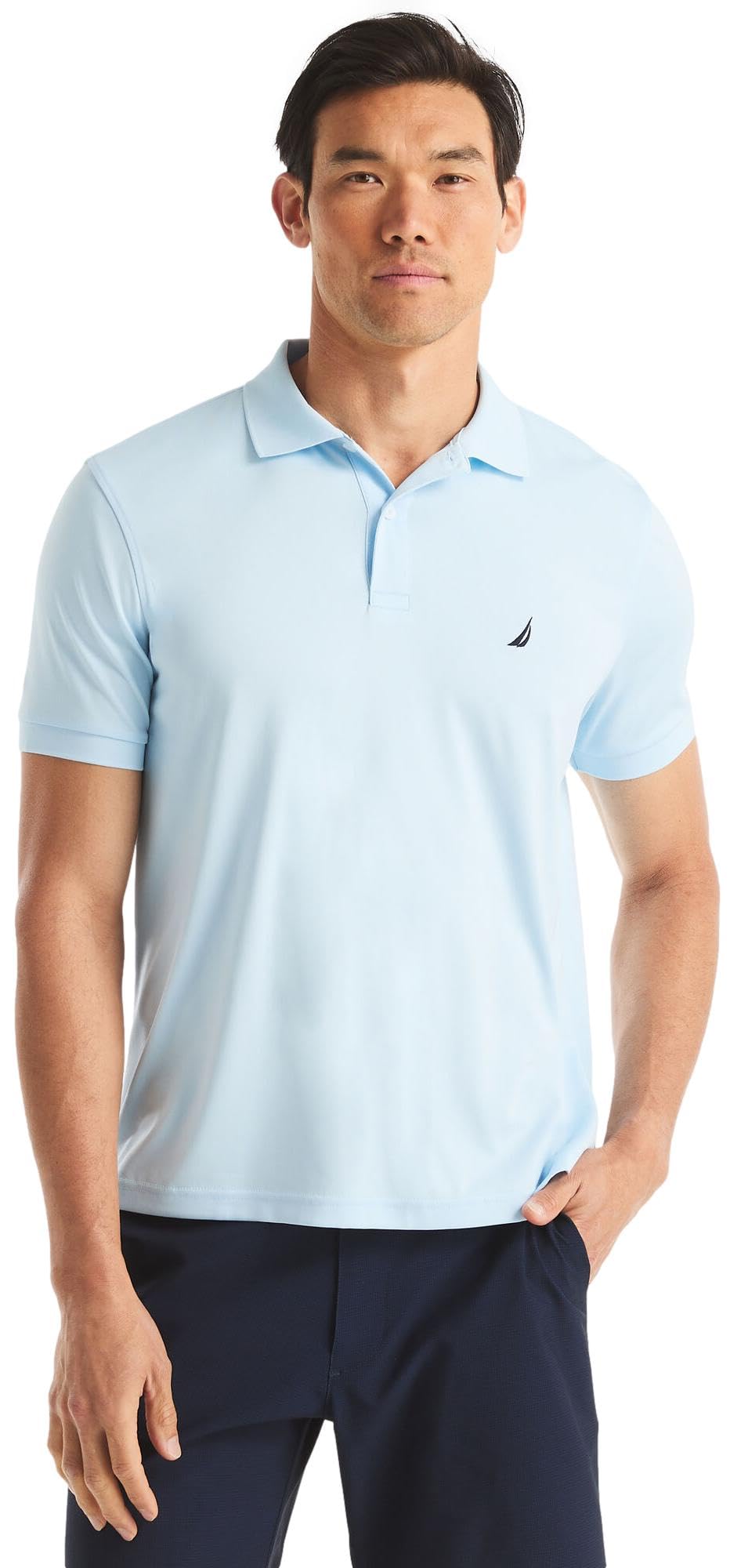 NAUTICA Men's Classic Fit Short Sleeve Solid Deck Polo Shirt, Navtech Performance Ice Blue, Medium