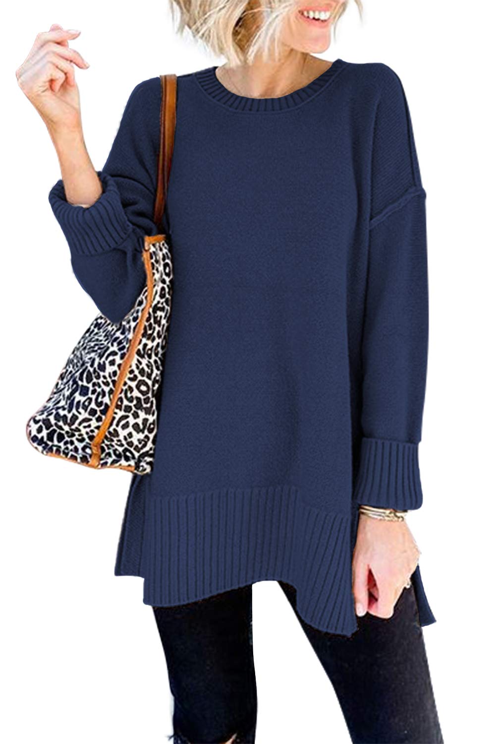 MEROKEETY Women's Casual Crew Neck Side Split Pullover Sweater Loose Long Sleeve Jumper Top, Navy, M