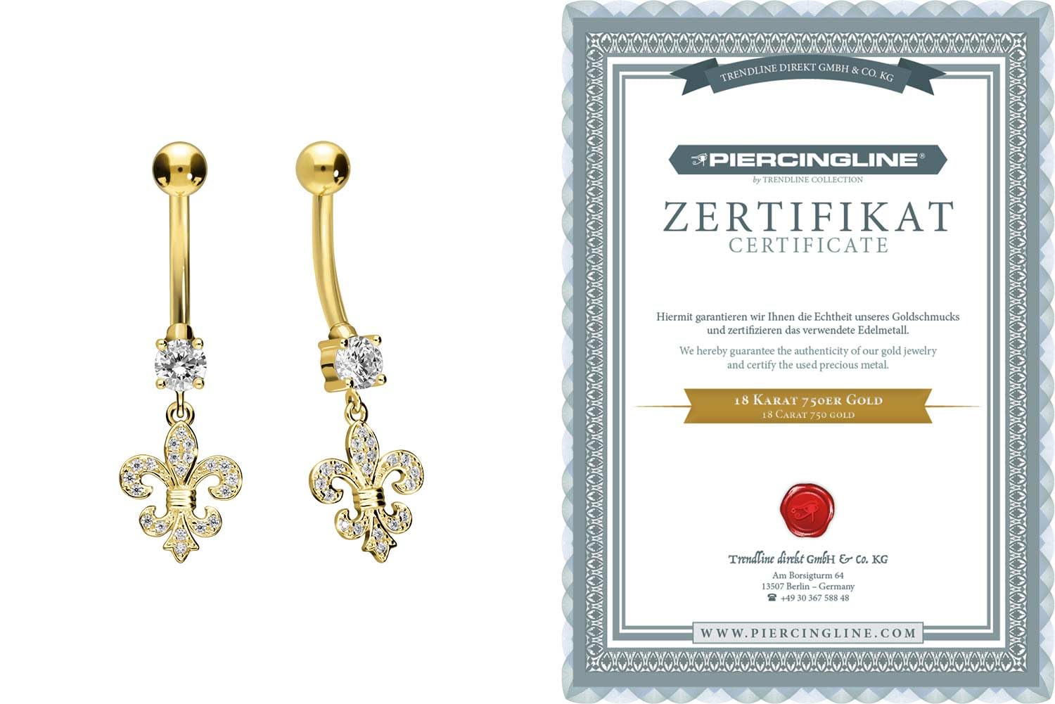 PIERCINGLINE 18 Karat Gold Bauchnabelpiercing mit LILIE Bananabell Piercing Gelbgold