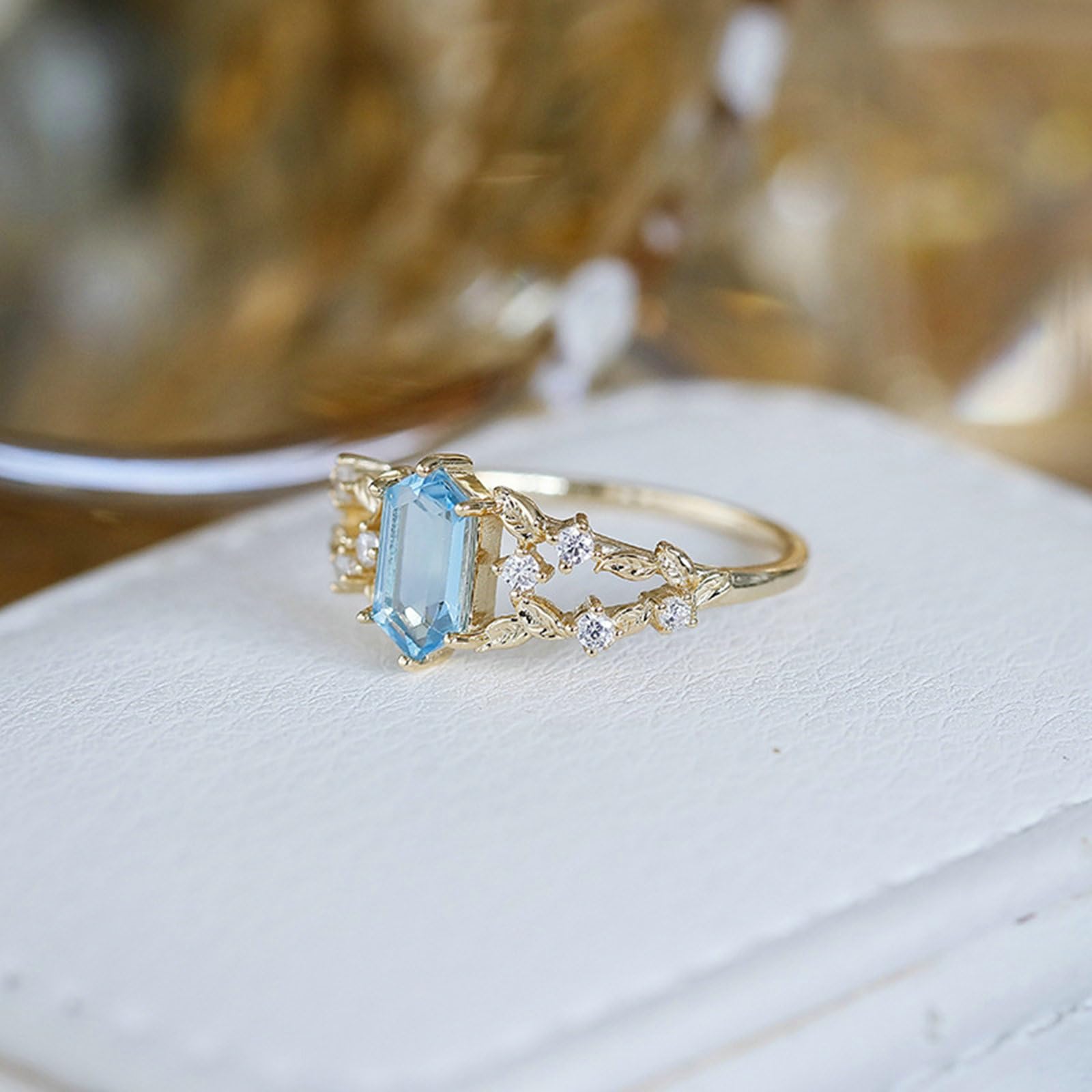 9K/14K/18K żółte złoto, pierścionek w stylu vintage, liść, topaz, prawdziwe złoto, biżuteria dla kobiet,