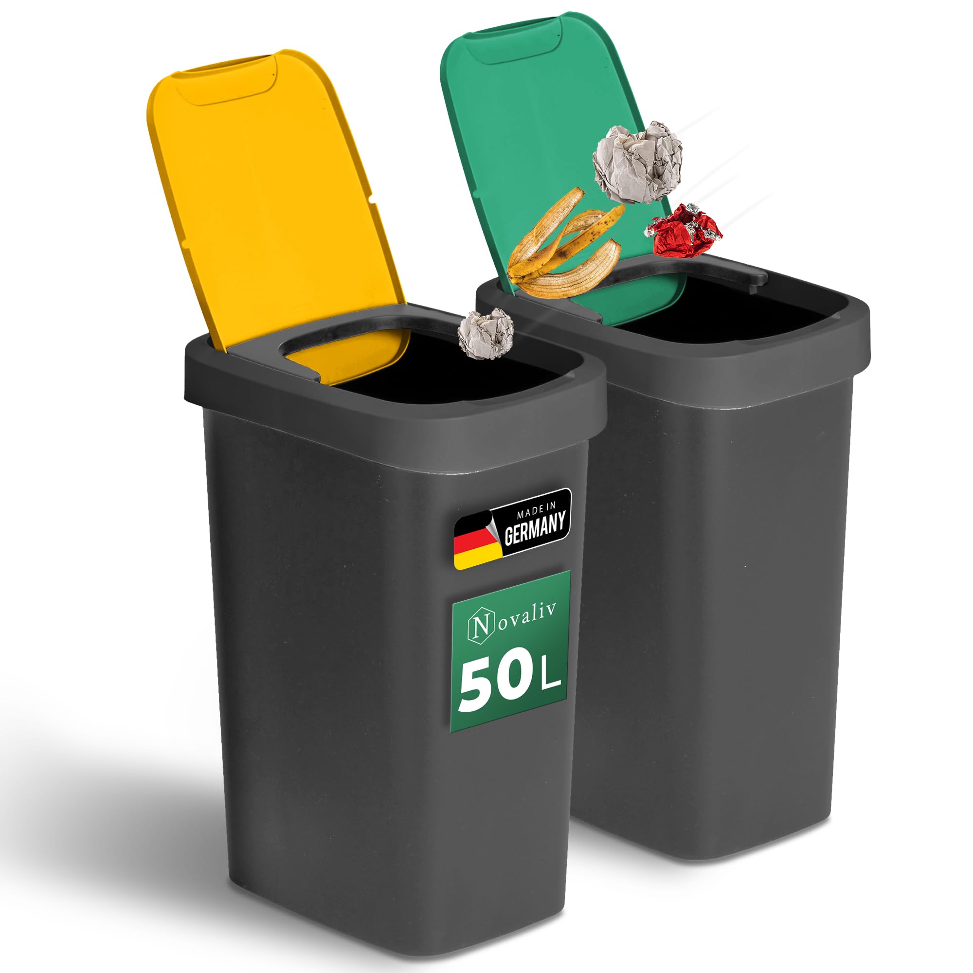 Novaliv System segregacji śmieci, 50 l, zestaw 2 pojemników na śmieci z uchylną pokrywą, segregacja odpadów, kolor żółty, zielony, z recyklingu, system segregacji odpadów, do kuchni, gospodarstwa
