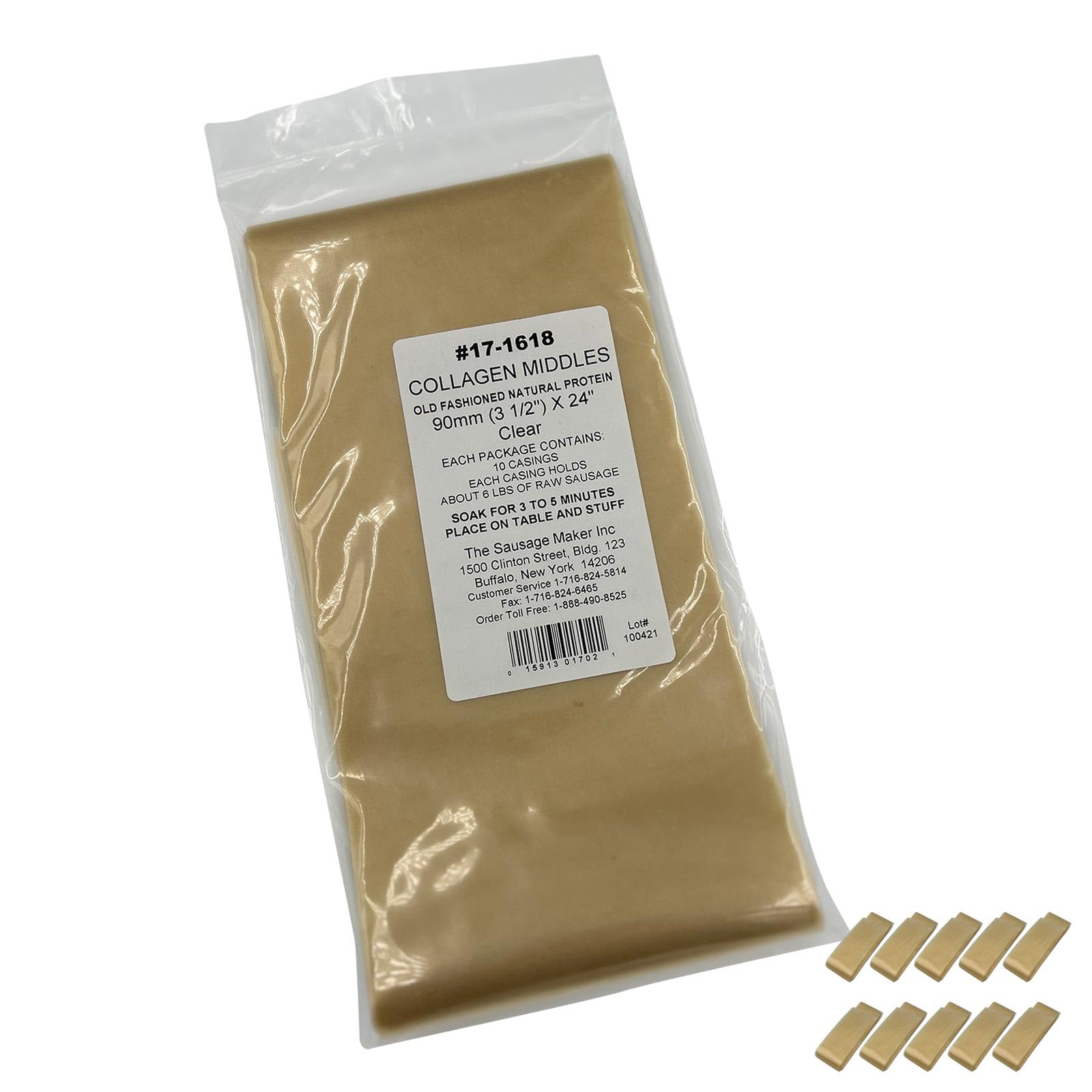 The Sausage Maker90mm Clear Collagen Casings For Sausage Making - 10 Pack, Non-Edible Casing For Cooked, Semi-Dry, Dried Sausage, 3 1/2" Diameter 24” Long, Stuff 5.5 Lbs Meat Per Case
