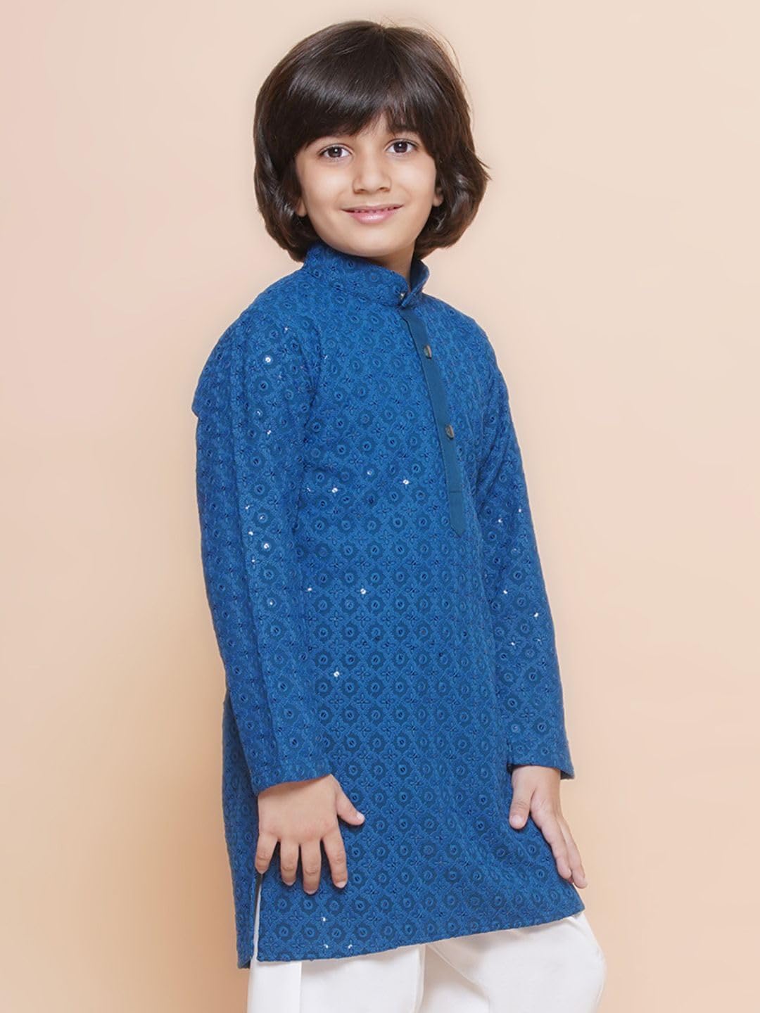 AJ DEZINES Chikankari Kurta For Boys- Ethnic Wear | Embroidery Chikankari Sequined | Traditional & Festive Outfit | Cotton Stylish Boys Kurta | Perfect For Wedding & Family Function-NAVY-BLUE-8 3