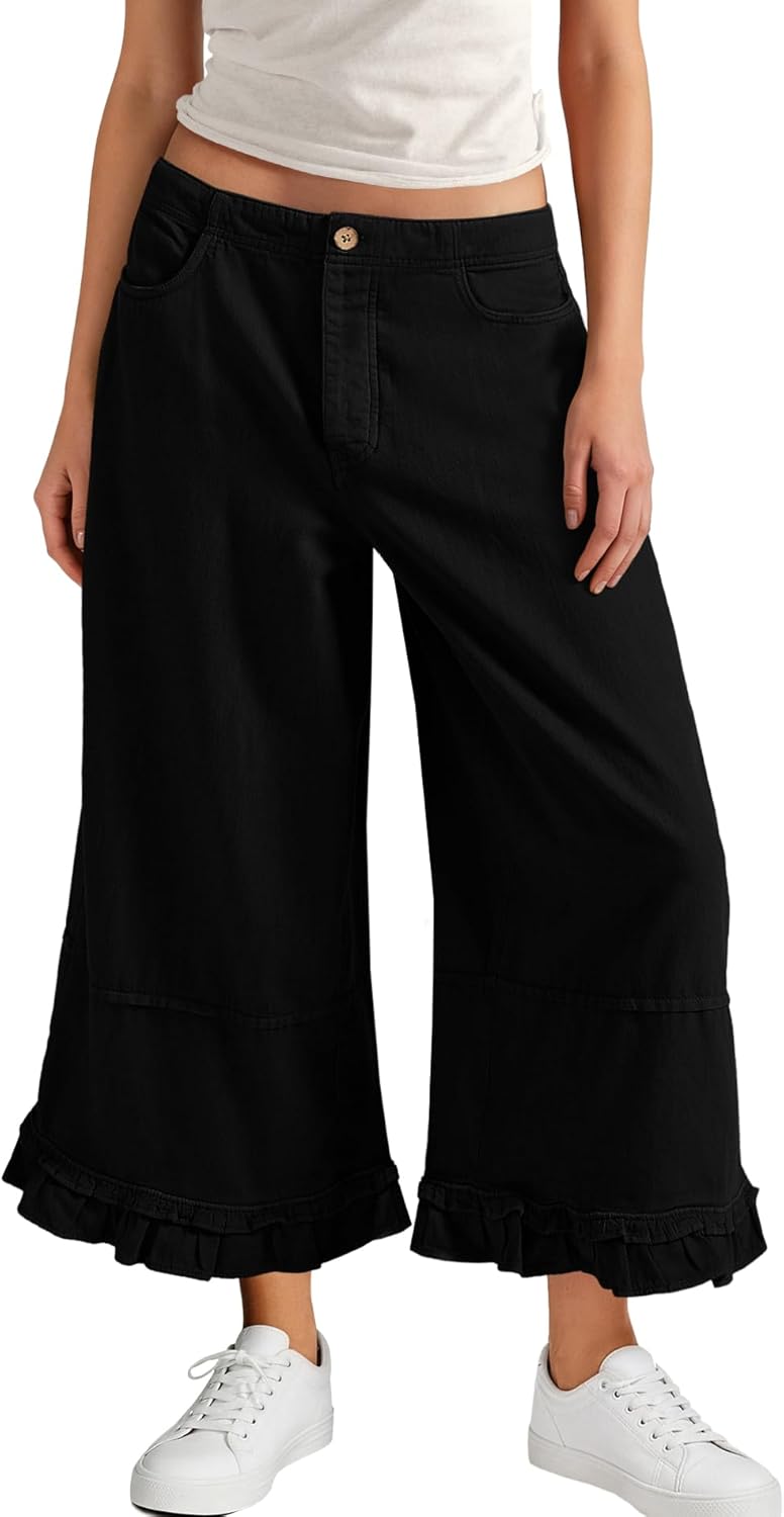 Nirovien Womens Wide Leg Flare Jeans Elastic Waist Capri Pants Baggy Ruffle Hem Denim Pants with Pockets