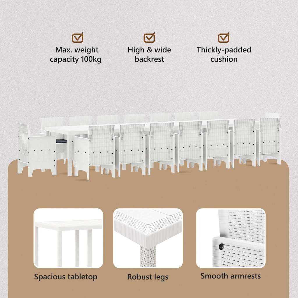 vidaXL Set da Pranzo da Giardino con Cuscini 17 PCS Bianco PP, Set da Pranzo per familiari all'aperto, Rettangolare, arredo Moderno, Chic per Feste in Giardino