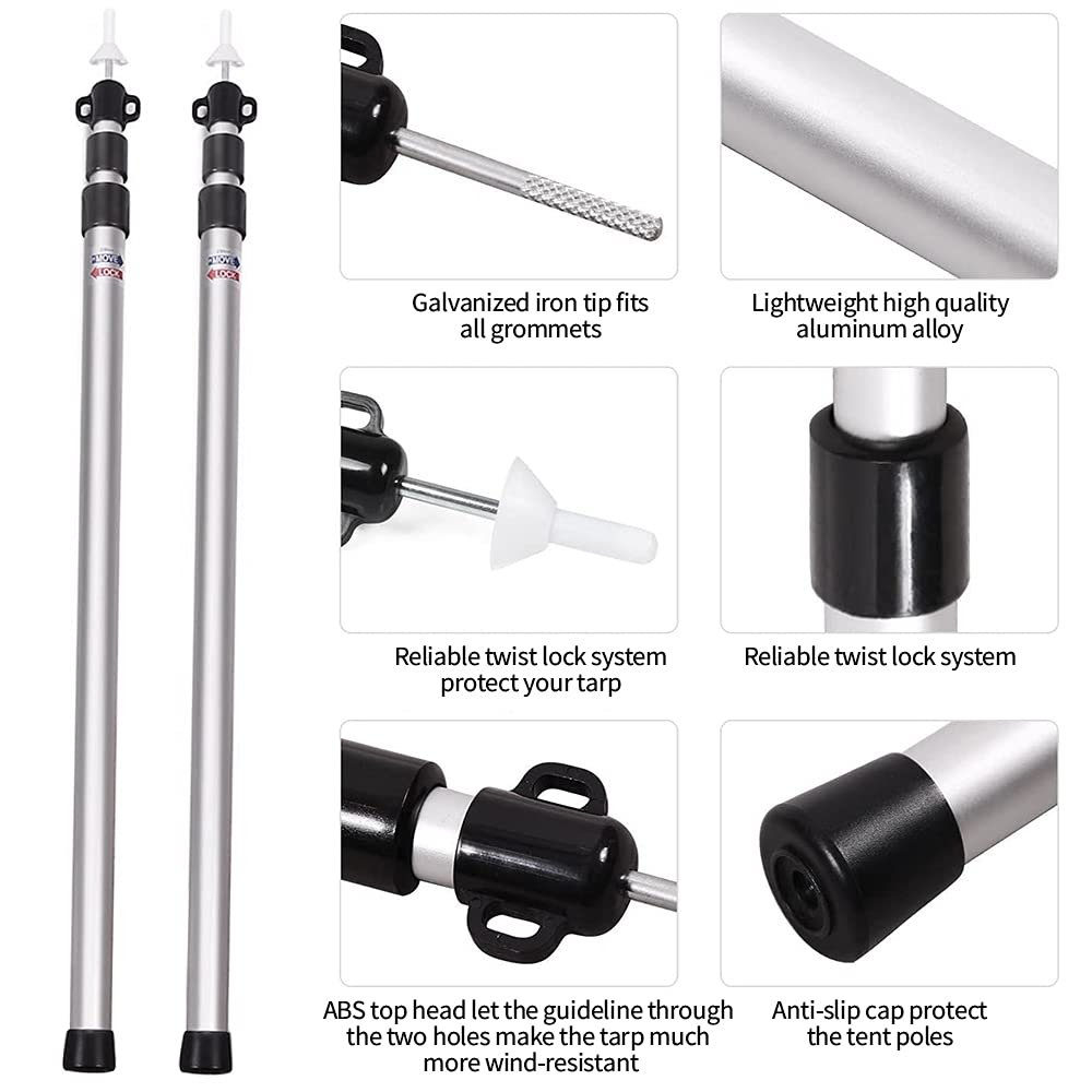 2PCS Mât de Bâche Télescopique Poteaux de Bâche en Aluminium 2,3M Support de Tente Réglable Poteau pour Voile Ombrage Tente Camping Accessoires pour Auvent Toile Jardin