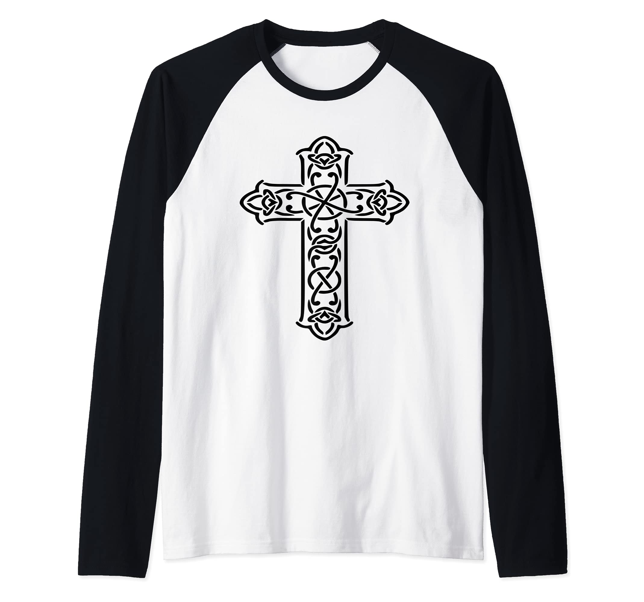Celtic Cross Design Raglan Baseball Tee, Black
