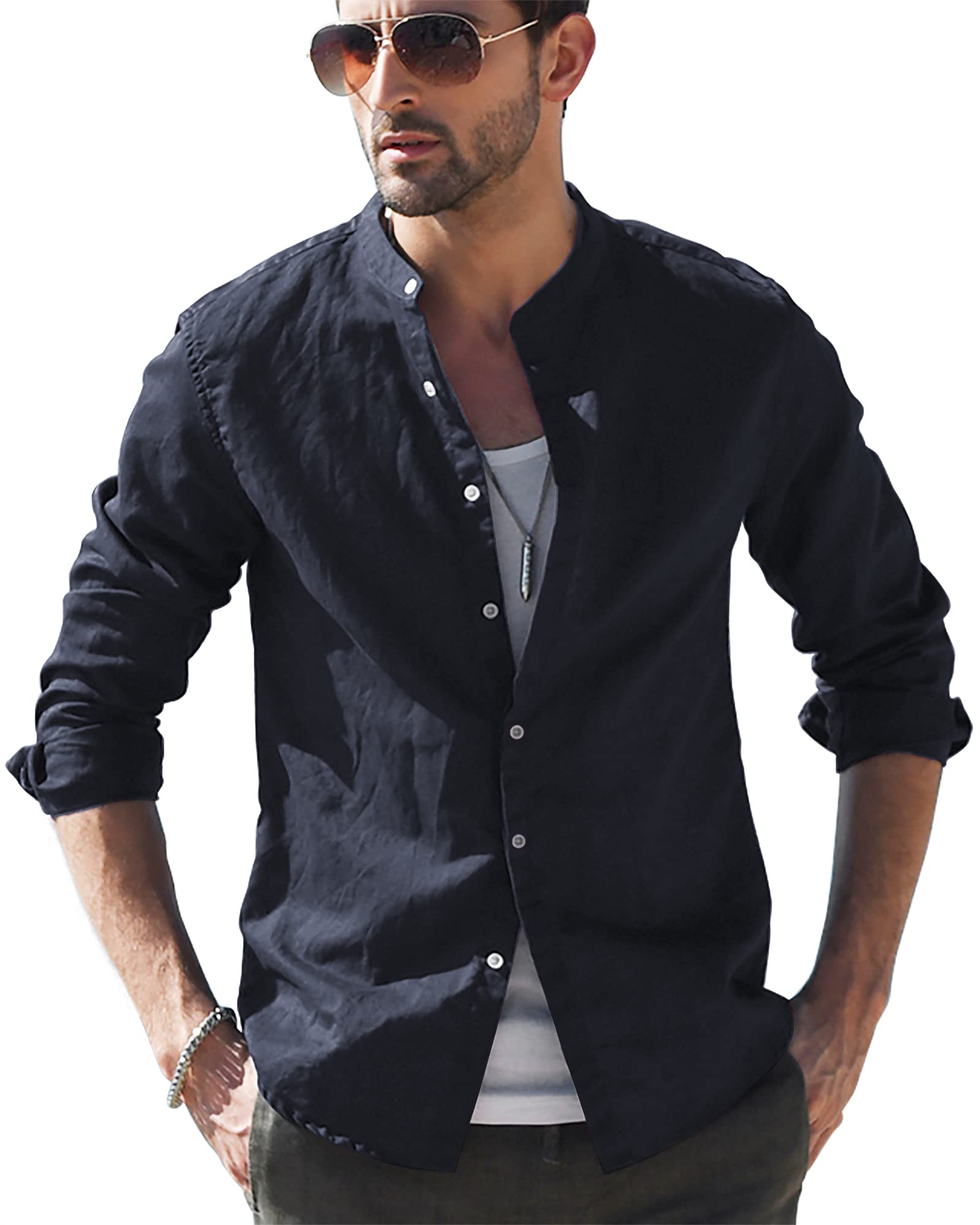 LVCBL Hemd Herren Langarm Henley Sommerhemd Herren Freizeithemd Leinenhemd Regular Fit Men Shirts