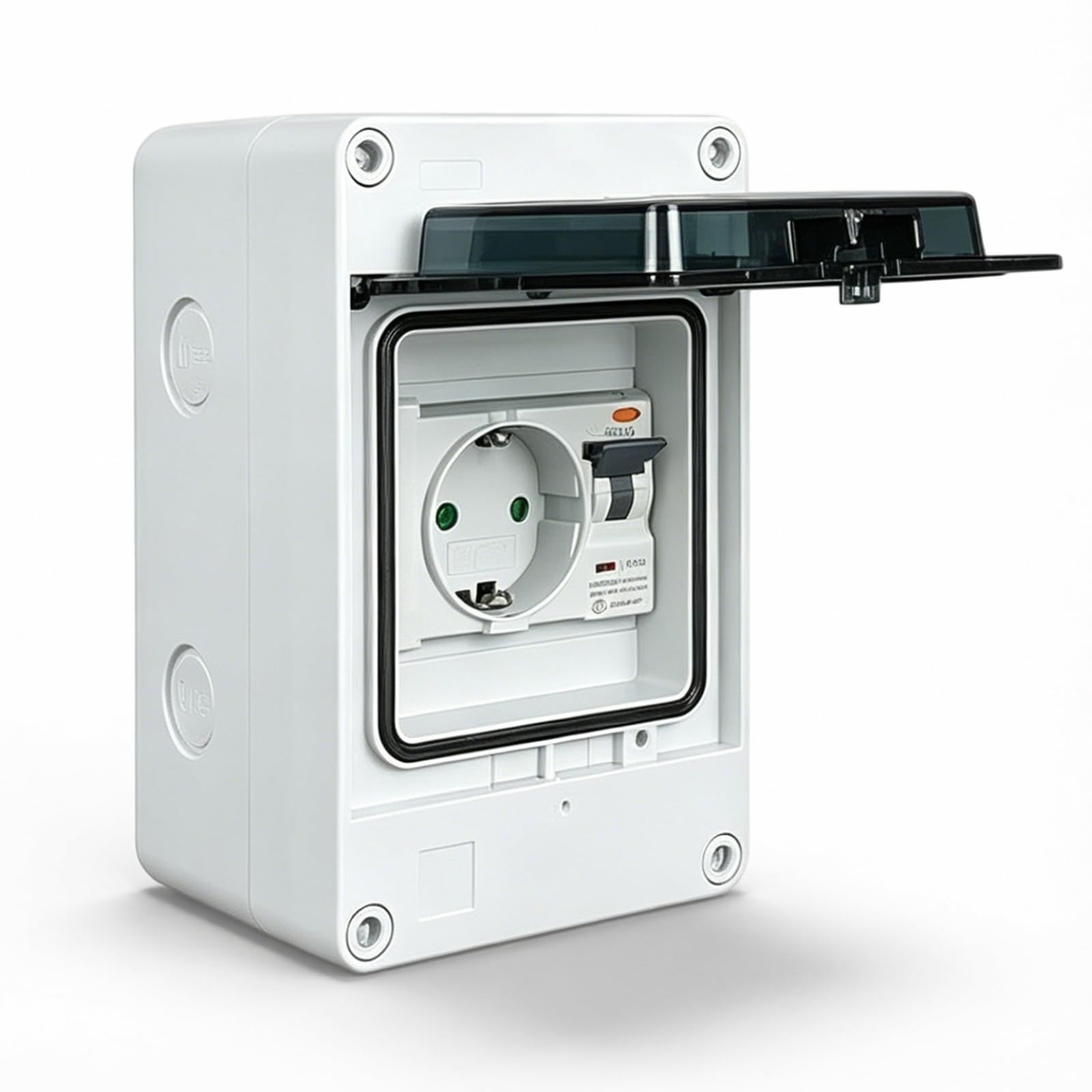 Prise Schuko avec interrupteur de protection FI en saillie - Prise Schuko dans une boîte à fusibles - Étanche IP65 - Répartiteur mural complet pour chantier - Prise 16 A 230 V et FI 16 A « C » type A