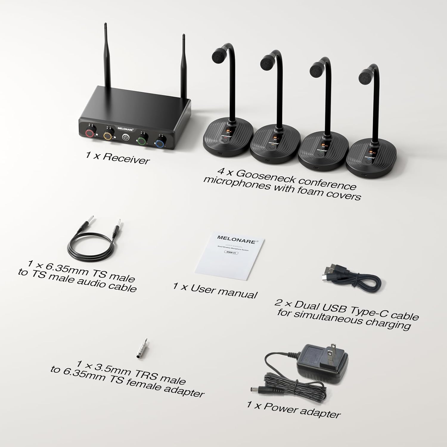 MELONARE 4-Channel Wireless Conference Microphone System, UHF Compact Cordless Mic Set w/ 4x10 Frequencies, 200ft Range, 4 Gooseneck Mics for Lecture, Church, Conference, Public Speaking (MWM-41-4G)
