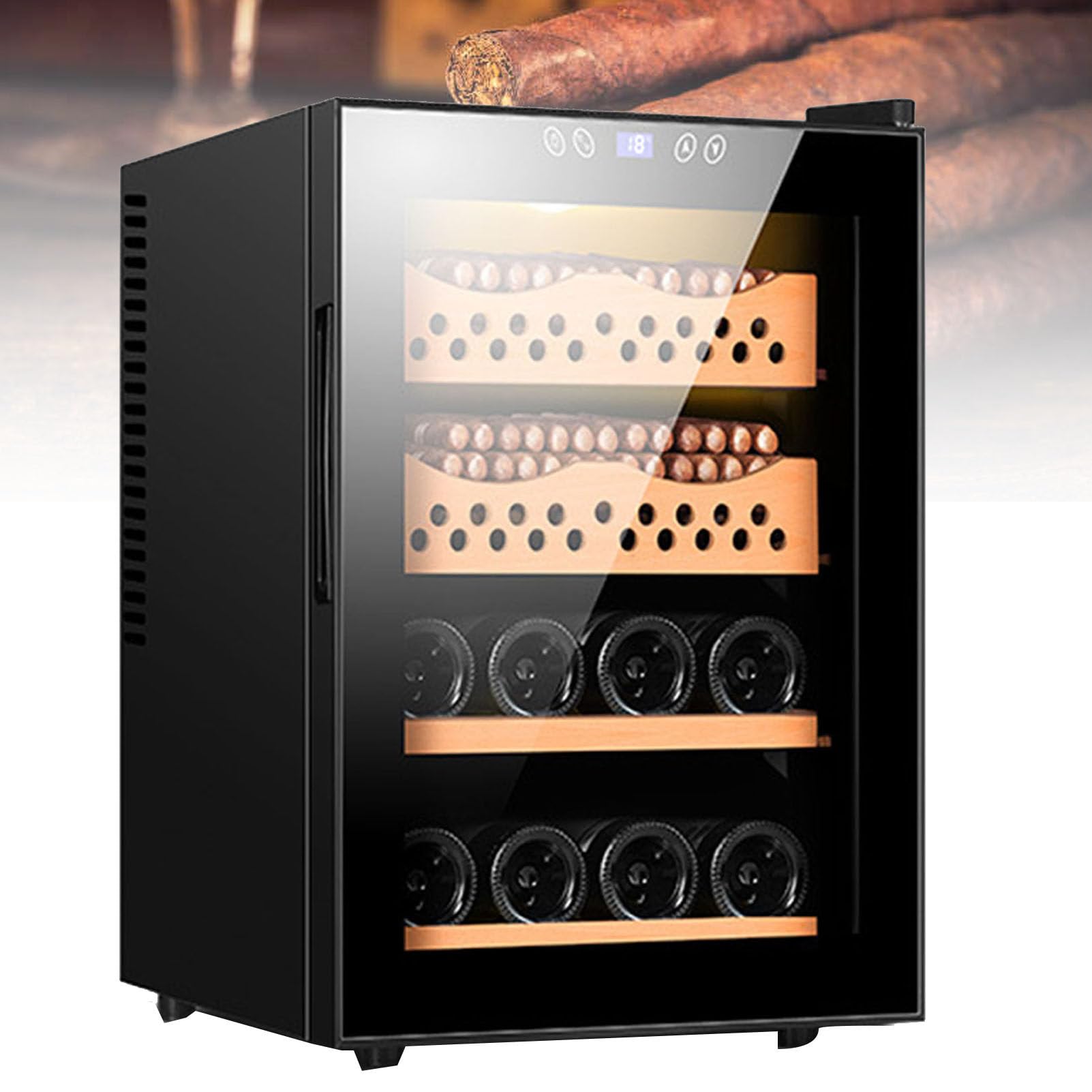Elektroniczna chłodziarka Humidor 50L Hiszpańskie drewno cedrowe 4 półki Kontrolowana wilgotność Szafka na cygara i wino Regulacja temperatury Około 200 sztuk/8 butelek Pojemność