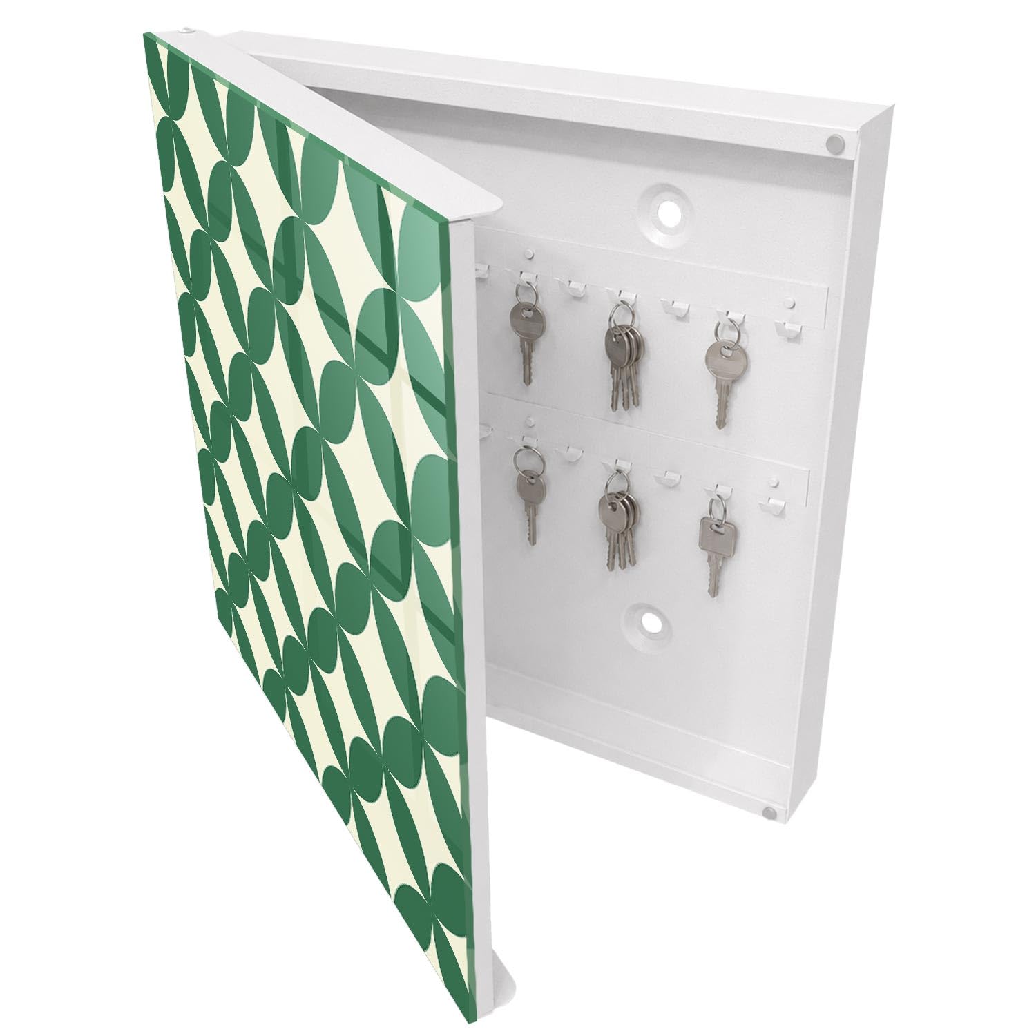 Armadietto Portachiavi 30x30 cm | Bianco | A Sinistra | Montaggio a Parete | Ruote verdi | Tasselli e Viti Inclusi | per Uffici | Frontale Decorativo in Vetro Temperato | in Metallo