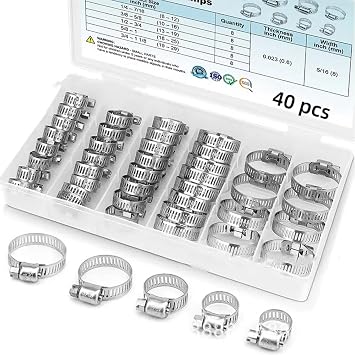 40PCS Worm Gear Hose Clamps 304 Stainless Steel Hose Clamp Assortment Kit DIY for Water Pipe,Fuel Line, Plumbing and Mechanical Application