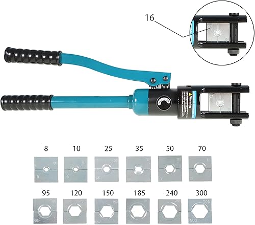 Miniatura 5 de Crimpadora hidráulica de 16 toneladas con cable de terminal eléctrico de 9 AWG a 600 MCM Kit de herramientas de cable incluye 13 pares de juegos de