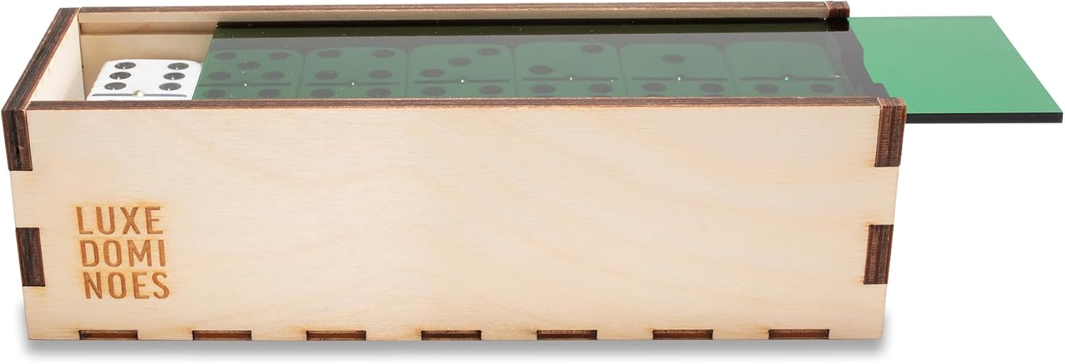 Deluxe Modern Domino Set Double Six, with Jumbo Sized Tournament Dominoes Black and White Two Toned with Spinner (Rivets) in Wood Box with Acrylic Top (Green)