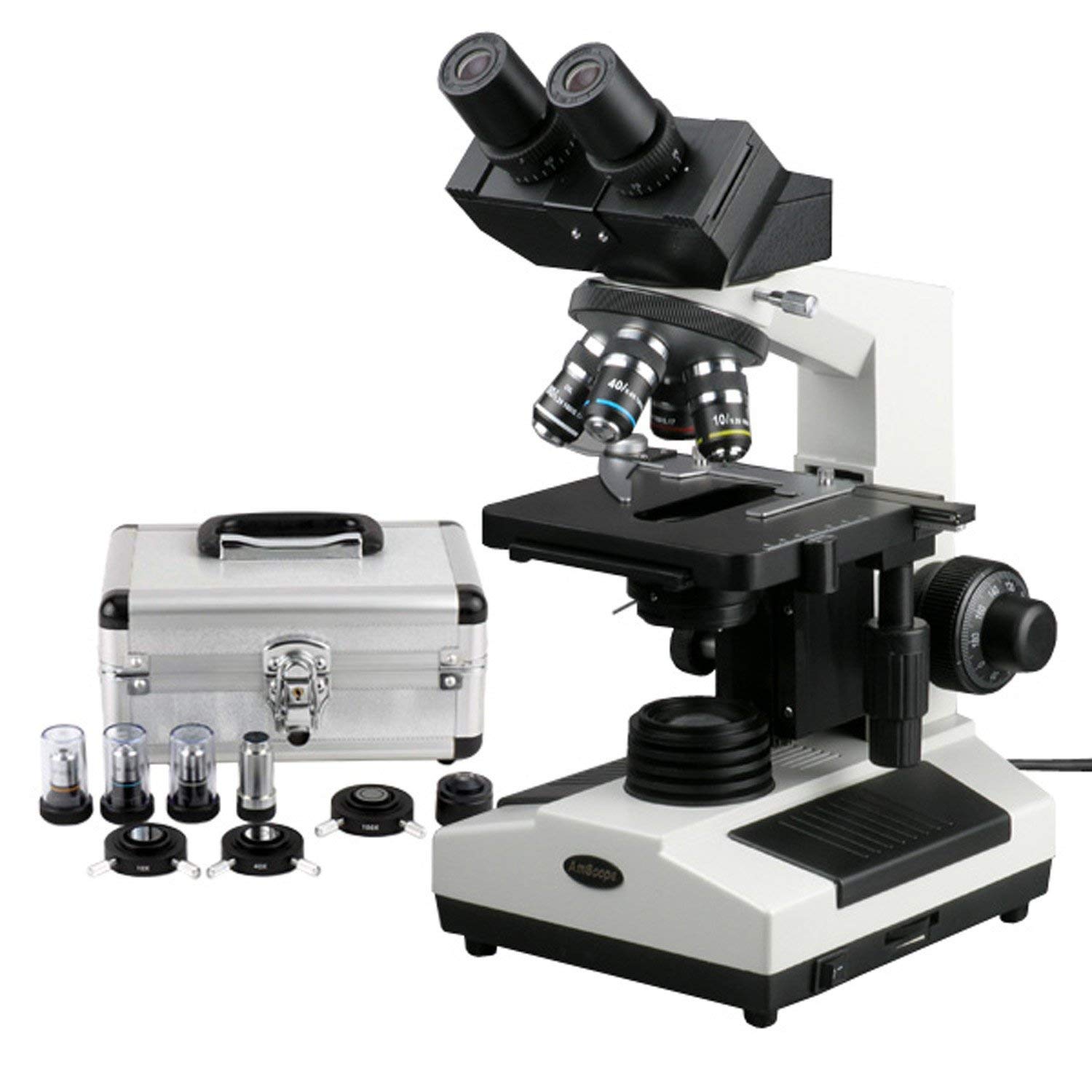 AmScope B390A-PCS Compound Binocular Microscope, 40X-1600X Brightfield Magnification, 100X-1600X Phase-Contrast Magnification, Halogen Illumination, Abbe Condenser, Double-Layer Mechanical Stage