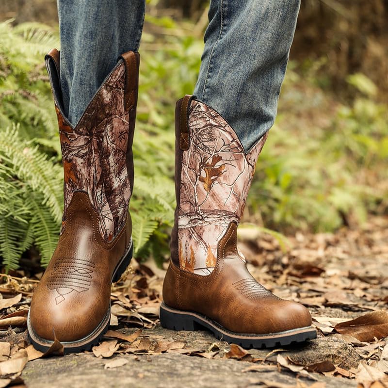 Men's Cowboy Boots With Square Toe Casual Chunky Heel Wide Country Boot Pull-on Boots Old West Style4
